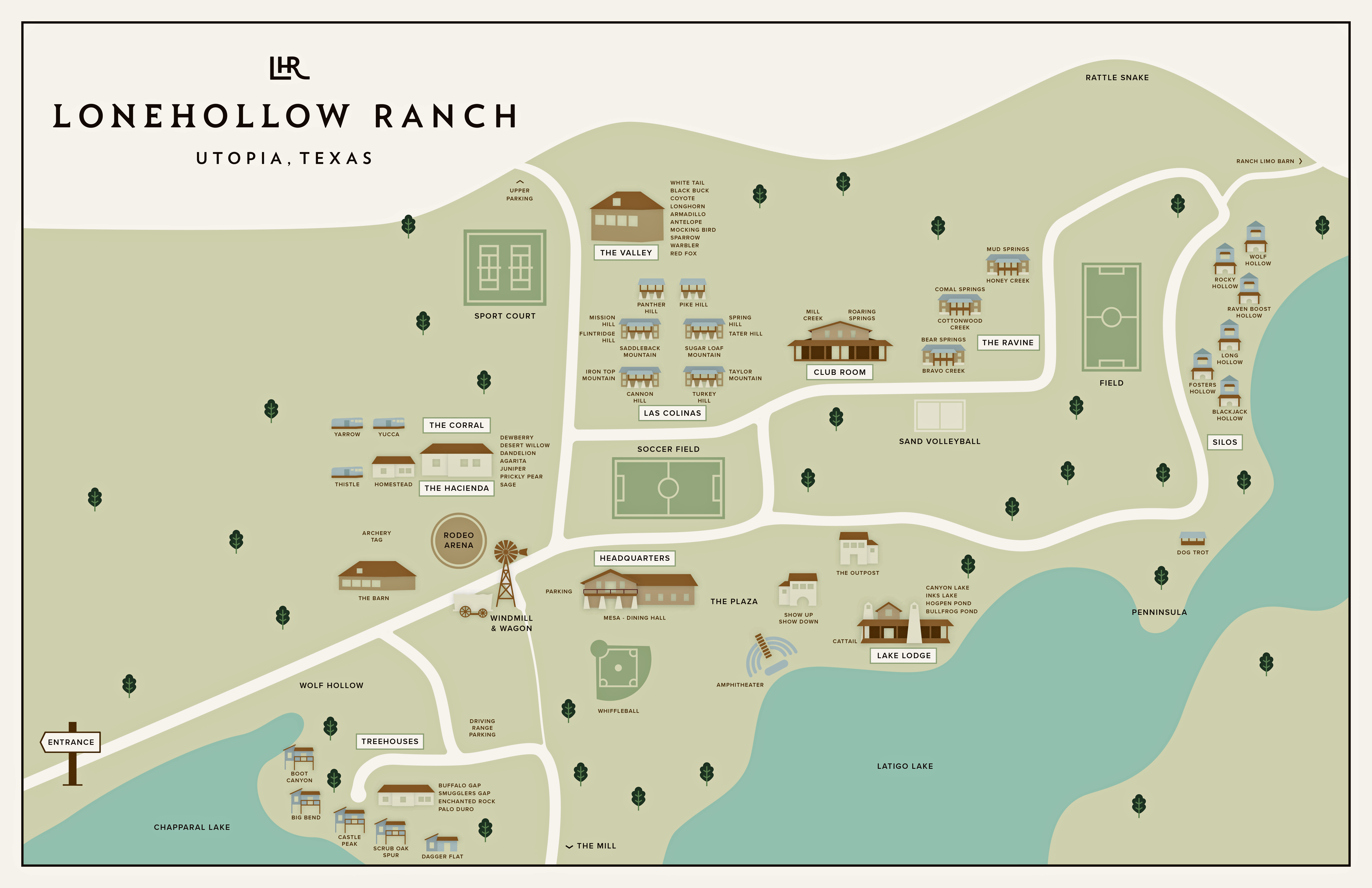 Illustrated map of LoneHollow Ranch, Utopia, Texas — cabin clusters, the lake lodge, sport court, fields and Latigo Lake